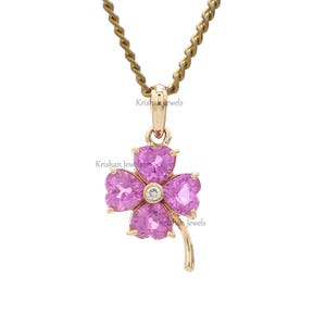 14K/18K Solid Gold Pink Sapphire Heart Pendant Necklace, Pink Sapphire Diamond Clove Flower Lucky Charm Pendant, Girlfriend Gift Jewelry