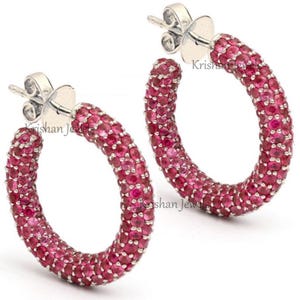 14K/18K Rose Gold Pink Ruby Gemstone Hoop Earring, Natural Ruby Pave Set Studded Gift Earrings, July Birthstone Gift, Wedding Gift Jewelry