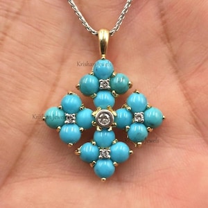 Fabulous Classy 14k Solid Yellow Gold Natural Turquoise and Diamond Pendant, Turquoise Cabochon Charm Pendant, Birthday Gift, Gift for lover