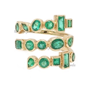 Natural Emerald Spiral Eternity Band, 14k/18k Rose Gold Multi Brilliant Cut Emerald Bezel Ring, Bridal Wedding Gift, Women&#39;s Stackable Ring