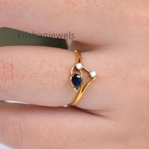 Solider 18k Gelbgold natürlicher blauer Saphir Tropfen Verlobungsring, echter weißer Diamant Ehering, Versprechen Schmuck, GJEPC zertifiziert