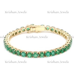 14k/18k Gold 4mm Round Cut Natural Green Emerald Tennis Bracelet, Gift for Stepmom, Gift for Mother-in-law, Last-minute Anniversary Gifts