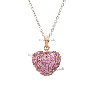 18K Gold Natural Pink Sapphire Heart Gift Pendant, Pink Sapphire Pave Set Necklace, Birthstone Gift, Promise Gift, Girlfriend Love Necklace