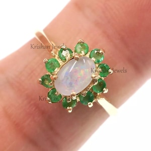 Petite 10k Solid Yellow Gold Natural Opal and Emerald HALO Ring, Women&#39;s Everyday Ring, Stepmom Gift, Promise Ring, Emerald Ring for Girl&#39;s