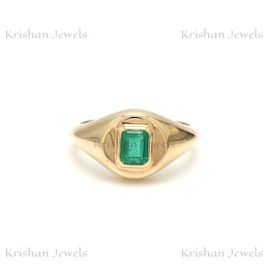 14K/18K Gold 6x4mm Emerald Cut Natural Green Emerald Bezel Set Signet Ring, Bridesmaid Proposal Gifts, Perfect Gift for Her, Girlfriend Gift