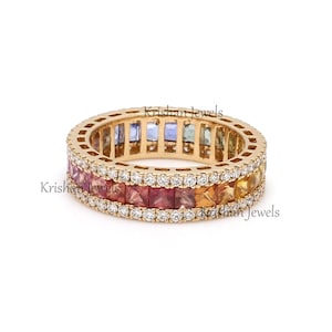14k/18k Solid Gold Natural Princess Cut Multi Sapphire Diamond Channel Set Band, Wedding Band, Stackable Rainbow Ring, Full Eternity Band