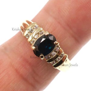 Klassischer 14k solides Gelbgold natürlicher blauer Saphir und Diamant Ring, Jubiläumsgeschenk, Diamantring, Versprechensring, perfekter Ring für Ehemann
