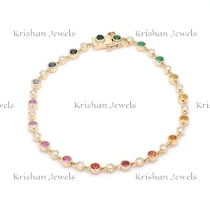 14k/18k Gold Natural Multi Rainbow Sapphire and Diamond Bezel Tennis Chain Bracelet, Sapphire Emerald Jewelry Gift, Perfect Gift for Mom