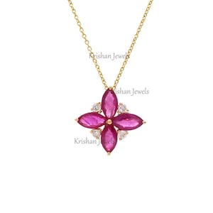 Real Pink Sapphire Marquise Cut Floral Pendant, 14K/18K Gold Pink Sapphire Diamond Pendant Necklace, Wife Birthday Gift, Bridal Women Gift