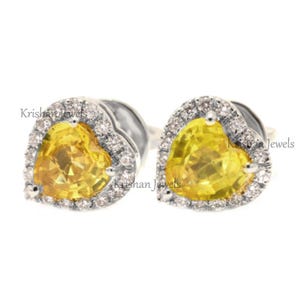 14K/18K White Gold Brilliant Heart Cut Natural Yellow Sapphire Halo Mini Studs Earrings, Sapphire with Lab Diamond Stud, Bridal Wedding Gift
