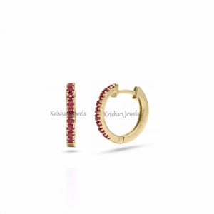 Natural Real Ruby Huggies Hoop Earrings | 14K/18K Gold Hoops | Ruby Small Hoop Earrings | Cute Anniversary Engagement Gift
