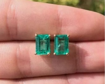 14k/18k Solid Gold Stud Earring, 2CT Emerald Cut Natural Green Emerald Stud Women&#39;s Earrings, Emerald Gemstone Wedding Anniversary Stud Gift