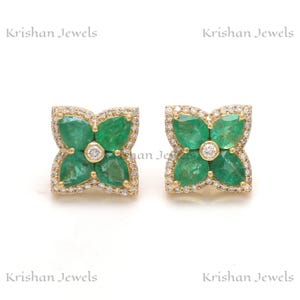 14K/18K Solid Gold Natural Emerald and Diamond Halo Floral Stud Earring, Wedding Gift, Gift for Stepsister, Minimalist Gift, Birthday Gift