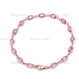 14k/18k Solid Gold Natural Pink Sapphire Oval Cut Bezel Set Link Chain Bracelet, Unique Mom Gift, Gift for New Mom, Grade Gift Gold Bracelet
