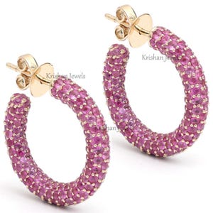 18K Rose Gold Pink Sapphire Hoop Earring, Small Earring, Pink Sapphire Minimalist Earring, Dainty Boho Earring, Classic Gold Fashion Jewelry