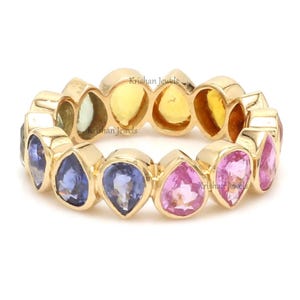 Natural Multi Sapphire Ring, 18K Gold Rainbow Sapphire Matching Band, Full Eternity Wedding Engagement Ring, Birthstone Anniversary Gift