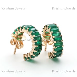 Orecchini a cerchio ottagonali in oro massiccio 14K/18K con smeraldo verde brillante, orecchini Huggies minimalisti in mini smeraldo, regalo di compleanno, regalo per lei