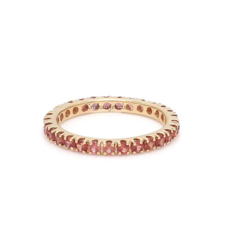 Natural Round Orange Sapphire Ring - GJEPC Certified Sapphire Eternity Band Ring For Women - 14k/18k Solid Gold Ring - Promise Ring For Her