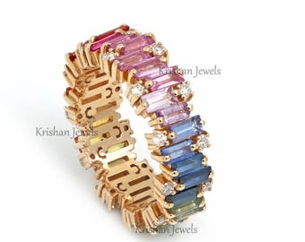 14k/18k Solid Gold Natural Gradient Multi Sapphire Baguette Diamond Full Eternity Band, Rainbow Sapphire Zig Zag Wedding Band, Gift for Her