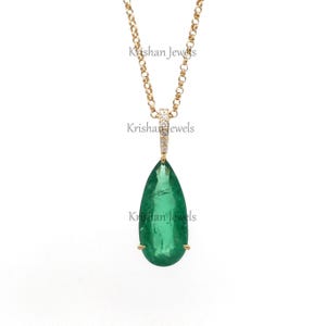 14K/18K Gold Natural Green Emerald Tear Drop Cut Pendant Gift, Emerald and Diamond Necklace, Pendant for Women&#39;s and Girls, Minimalist Gift