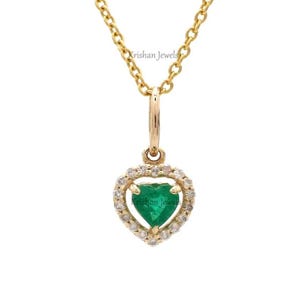 Natural Heart Shape Green Emerald Gemstone Pendant Necklace 18&quot;, Solid 14k/18k Gold Diamond Pendant Necklace, Anniversary Gift For Women&#39;s