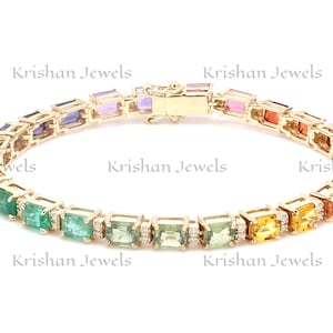 14k/18k Gold 5x4mm Emerald Cut Natural Rainbow Sapphire Diamond Tennis Bracelet, Dainty Wedding Jewelry, Bridesmaid Gift, Engagement Jewelry