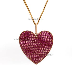 1.5mm Round Cut Natural Red Ruby 18K Gold Pave Set Necklace, Ruby Heart Charm Pendant, July Birthstone, Minimalist Jewelry, Romantic Gift