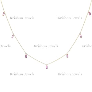 14K/18K Rose Gold Natural Pink Sapphire Prong Set Bridal Wedding Necklace, 4x2mm Baguette Cut Pink Sapphire Thin Chain Necklace Gift for her