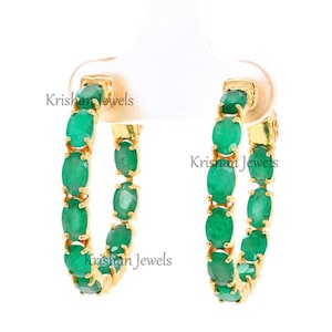 14K/18K Rose Gold Natural Green Emerald Hoop Earrings,  Oval Cut Emerald Casual Earring, Birthstone Bridal Wedding Gift, Gold Birthday Gift