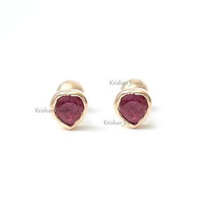14K Solid Rose Gold Natural Ruby Trilliant Cut Studs, Mini Piercing Ruby Studs, Bezel Set Ruby Earring, Birthstone Gift, Everyday Jewelry