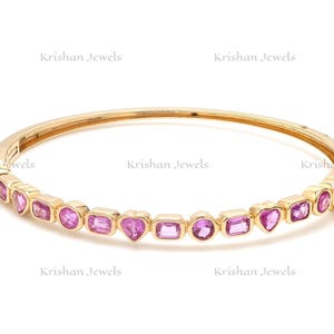 14k/18k Gold Natural Pink Sapphire Cuff Bangle Bracelet, September Birthstone Gift, Birthday Gift for Mom, Valentines Day Jewelry for Her