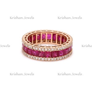14k/18k Solid Gold 3 MM Princess Cut Natural Ruby Channel Set Eternity Wedding Band, Ruby Diamond Ring, Personalized Jewelry, Gift for Mom