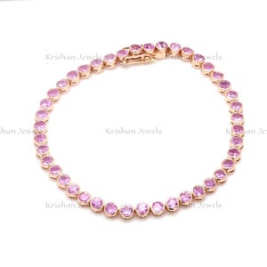 14k/18k Solid Gold Natural Pink Sapphire Round Cut Bezel Set Tennis Bracelet, Perfect for Everyday, Summer Jewelry, Birthday Gift for Her