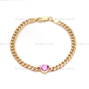 14k / 18k Gold Natürliche Rosa Saphir Herz geschnitten Armband, Rosa Saphir Lünette Set kubanische Gliederkette Armband, September Birthstone Geschenk für Mama