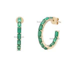 Natural Green Emerald Everyday Hoop Earrings,  14K/18K Rose Gold Octagon Cut Emerald Wedding Gift, Birthstone Casual Earring, Christmas Gift