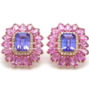 Natural Tanzanite & Pink Sapphire Studs Earrings | 14K/18K Gold Studs | Anniversary Gift Diamond Stud Earring | Birthday Gift For Women&#39;s