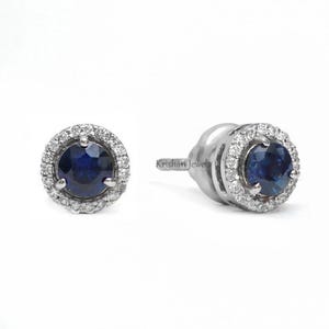 Natural Round Blue Sapphire Stud Earring For Her - 14K/18K Gold Cluster Stud - Anniversary Birthday Gift Diamond Halo Stud Earring For Women