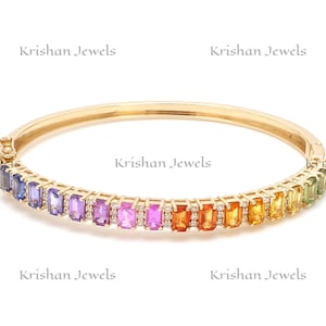 Natural Rainbow Sapphire Diamond 14k/18k Gold Cuff Bangle, 5x3mm Emerald Cut Rainbow Sapphire Bracelet, Everyday Wear, Perfect Gift for Her