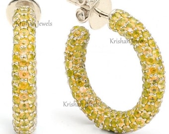 Natural Yellow Sapphire Pave Set Hoop Women&#39;s Earrings, 14K/18K Rose Gold Small Earring, Sapphire Huggie Earring, Minimal Anniversary Gift