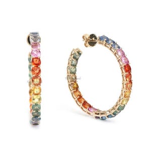 Natural 4MM 15Ct Rainbow Sapphire Ombre Hoops Earrings, Multi Sapphire Hoop Earring, 14K/18K Yellow Gold Earring, Anniversary Gift For Her