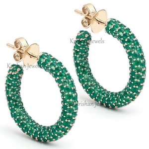 14K/18K Rose Gold Emerald Studded Earring, Natural Green Emerald Pave Set Hoops Earrings, Small Emerald Earring, Daughter&#39;s Birthday Gift