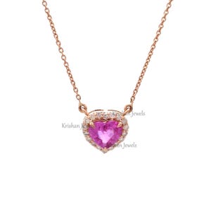 14K/18K Solid Gold Pink Sapphire Heart Pendant, Pink Sapphire Diamond Halo Wedding Pendant Necklace, Birthstone Promise Anniversary Gift