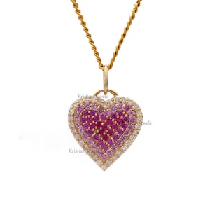 14K/18K Gold Natural Pink Sapphire and Lab Grown Diamond Heart Pendant, Pink Sapphire Ombre Pave Set Necklace, Promise Gift, Fashion Jewelry