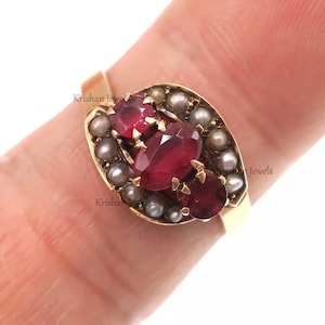 Petite Victorian 10k Solid Yellow Gold Natural Garnet and Pearl Ring, Ruby Propose Gift Ring, White Pearl Gift Ring, Victorian Ring for her