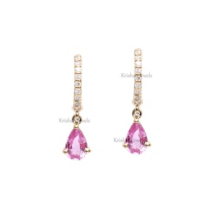 14K/18K Rose Gold Natural Pink Sapphire with Diamond Dangle Bridal Earring, Small Pink Sapphire Huggie Hoops Earrings, Valentine's Day Gift