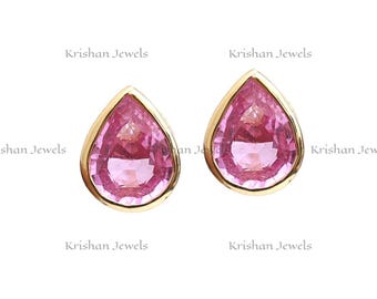14K/18K Gold Pink Sapphire Bezel Set Stud Earring, 8x6 MM Pear Cut Natural Pink Sapphire Bezel Set Women Tops Earring, Gift for Wife, Mother