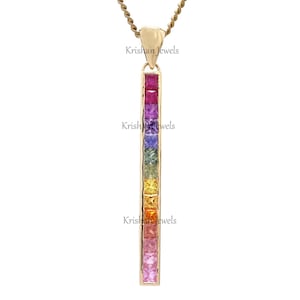Real Rainbow Sapphire Bar Pendant Necklace, 14K/18K Rose Gold Multicolor Sapphire Pendant, Colorful Jewelry, Graduation Gift, Valentine Gift