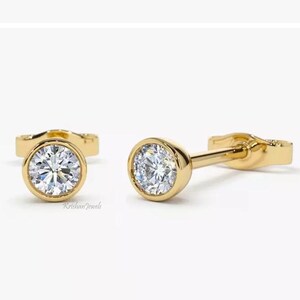 0.30Ct GH-SI Round Natural Diamond Women&#39;s Bezel Set Stud Earrings, Solid 14k/18k Yellow Gold Stud, GJEPC Certified Diamond, Birthday Gift