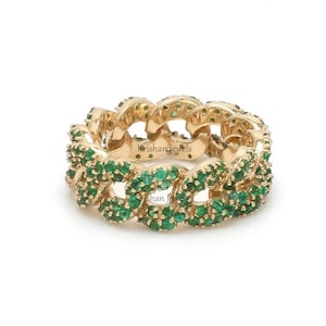 Beautiful Natural Green Emerald Women's Cuban Chain Ring, 14k/18k Solid Gold Band, Wedding/Anniversary Band Ring, Full Eternity Band Ring
