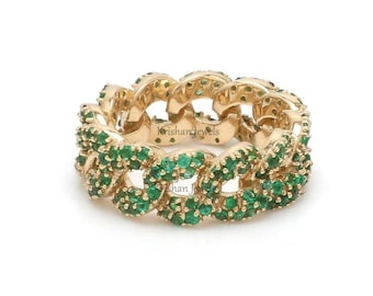 Beautiful Natural Green Emerald Women&#39;s Cuban Chain Ring, 14k/18k Solid Gold Band, Wedding/Anniversary Band Ring, Full Eternity Band Ring